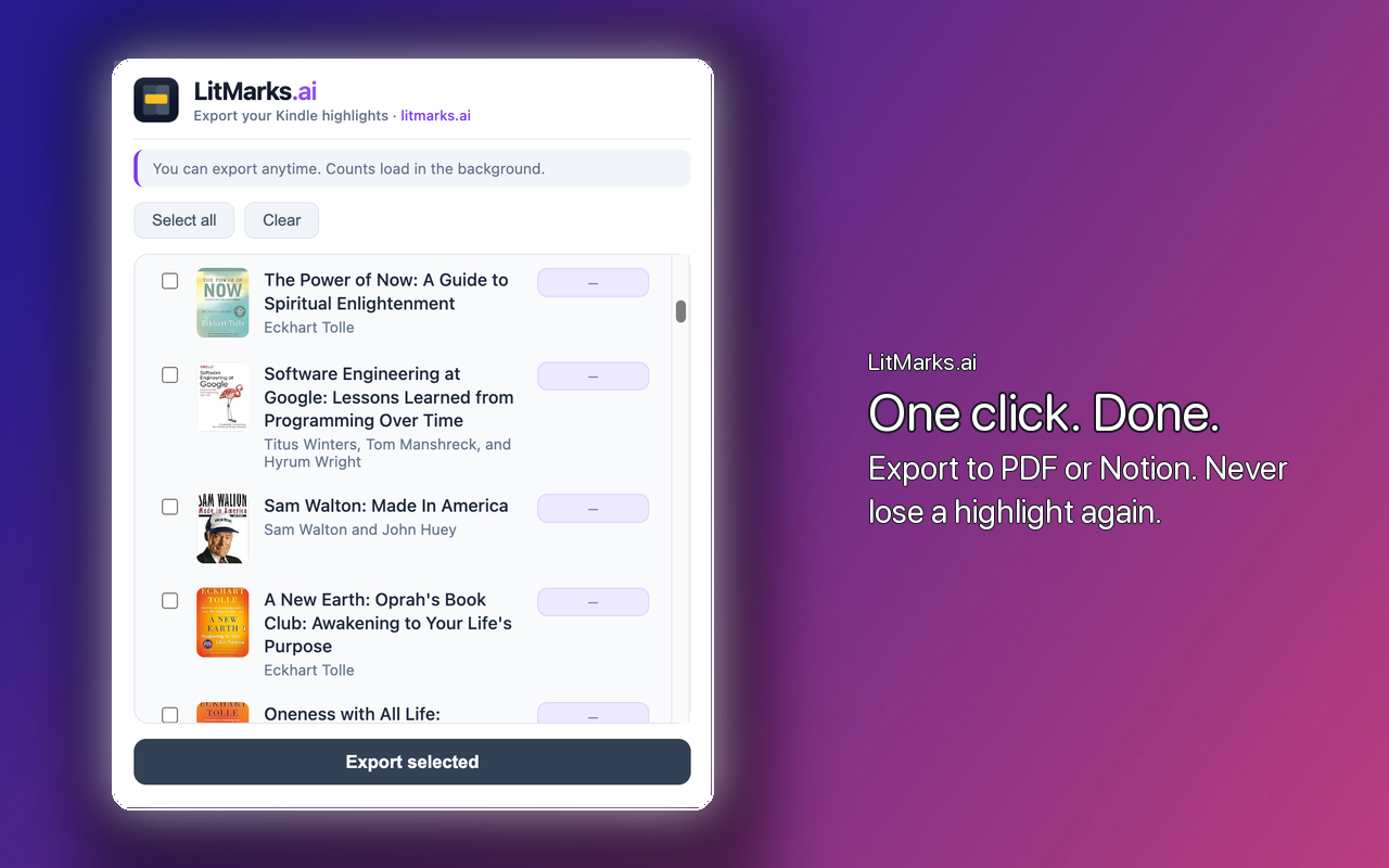 LitMarks extension showing book list and export